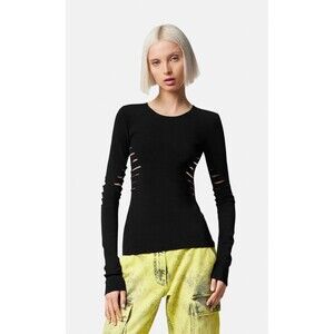 Versace Slashed Laser Cut Knit Long Sleeved Top Black Size IT 42/US 6 NWT $1750